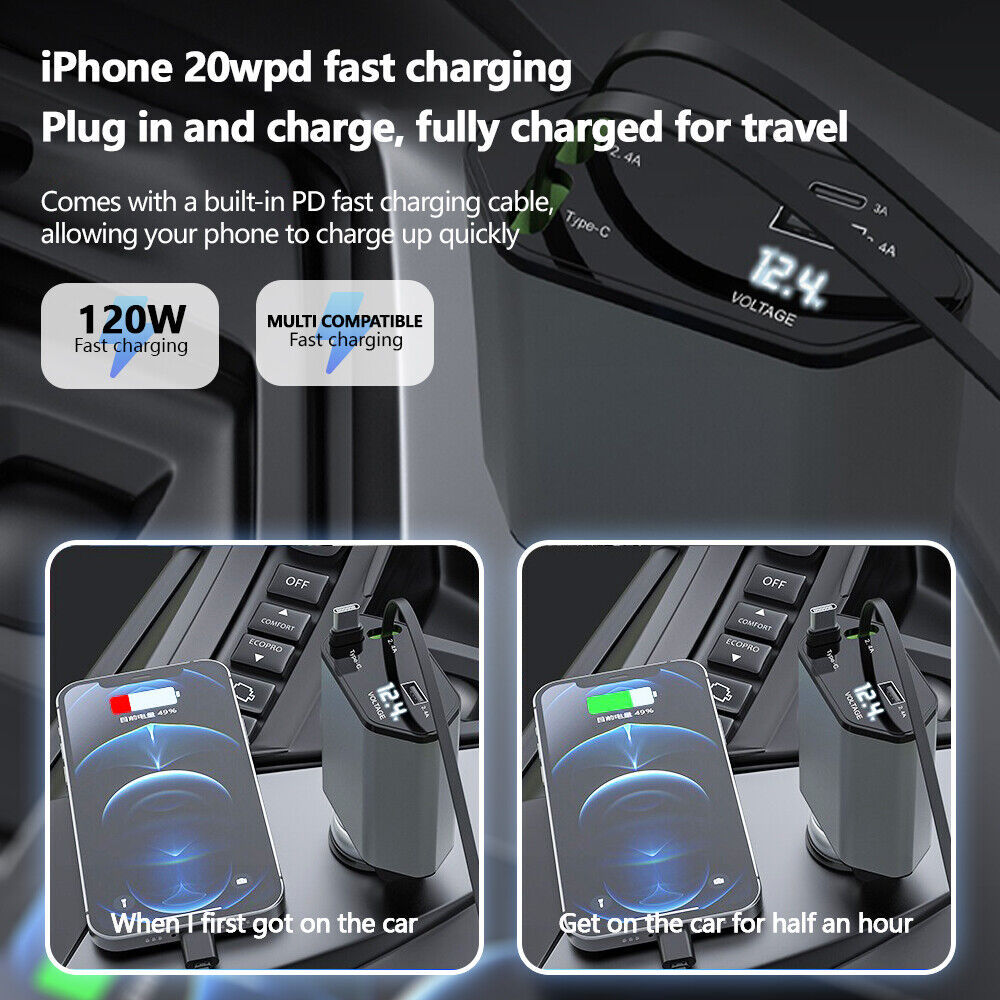 Retractable Car Charger 120W USB&Type C Cable For Phone Fast Charge Adapter