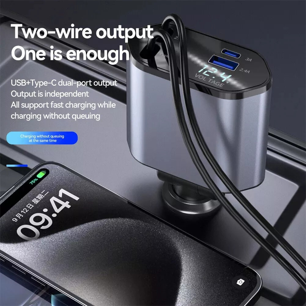 Retractable Car Charger 120W USB&Type C Cable For Phone Fast Charge Adapter