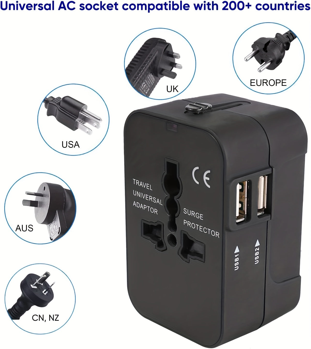 World All-in-One Universal Travel Charger-Dual USB Wall Adapter with AC Power Plug.