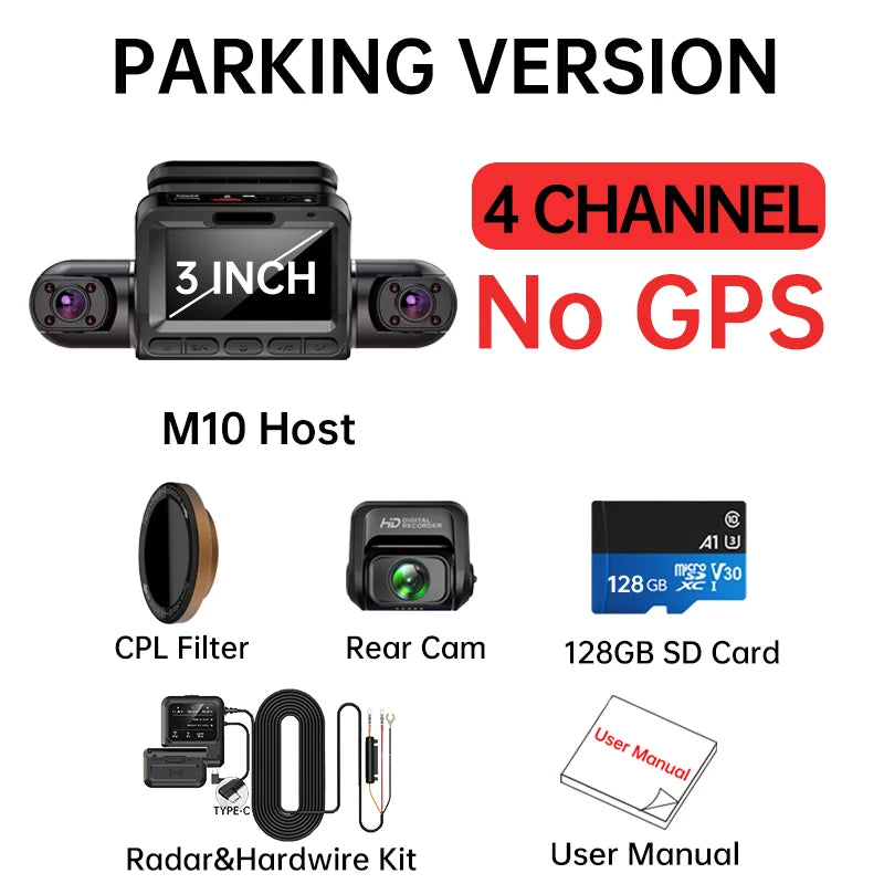 TiESFONG M10max 2K Dash Cam - 4CH 360° Car Camera with GPS & 24H Monitor