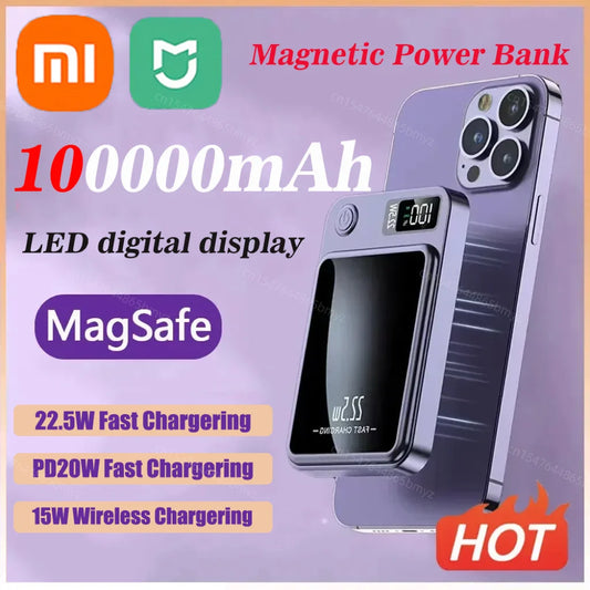 100000mAh Wireless Magnetic Power Bank & Hand Warmer – for iPhone 16 & Huawei.