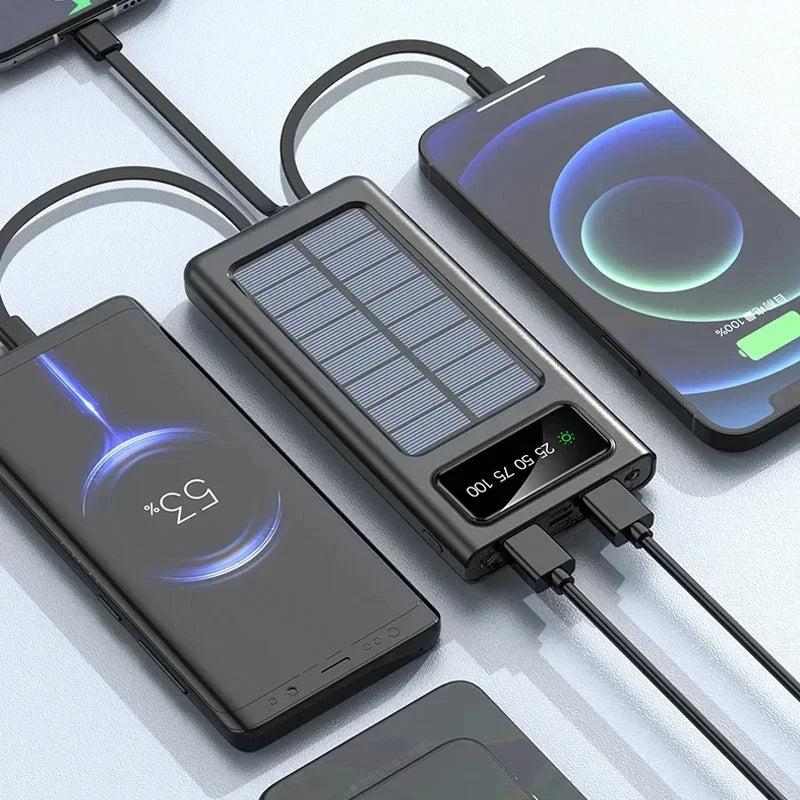 200000mAh Solar Power Bank Built Cables Solar Charger 2 USB Ports External with LED Light Super Fast Charger Powerbank