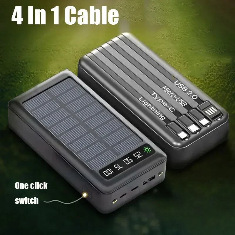 200000mAh Solar Power Bank Built Cables Solar Charger 2 USB Ports External with LED Light Super Fast Charger Powerbank