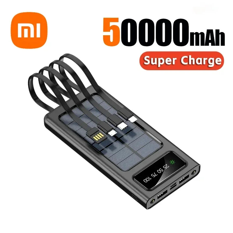 200000mAh Solar Power Bank Built Cables Solar Charger 2 USB Ports External with LED Light Super Fast Charger Powerbank