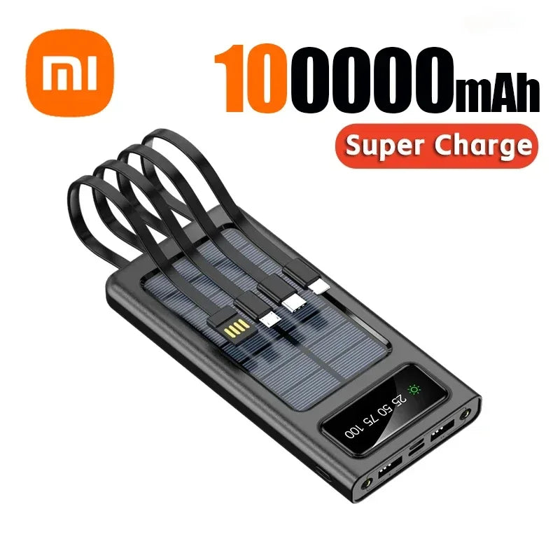 200000mAh Solar Power Bank Built Cables Solar Charger 2 USB Ports External with LED Light Super Fast Charger Powerbank