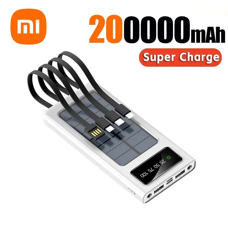 200000mAh Solar Power Bank Built Cables Solar Charger 2 USB Ports External with LED Light Super Fast Charger Powerbank