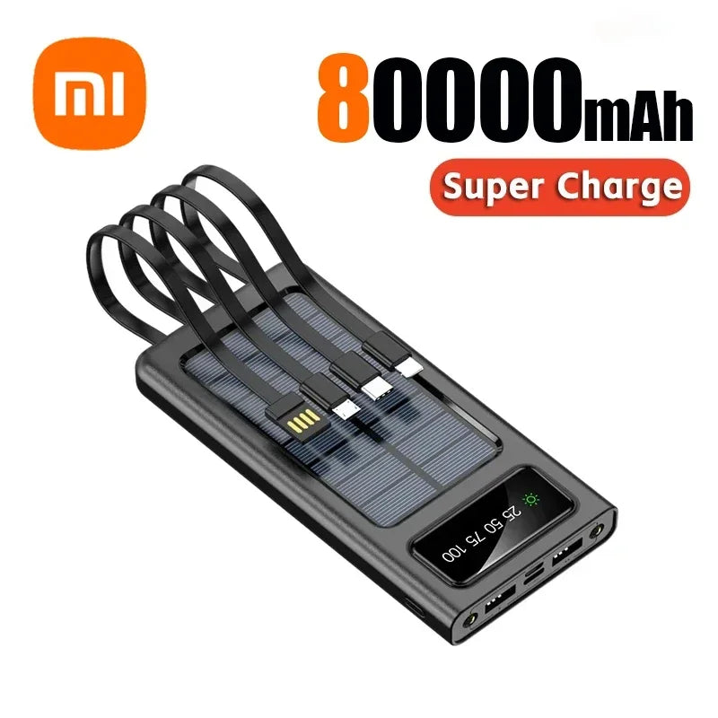 200000mAh Solar Power Bank Built Cables Solar Charger 2 USB Ports External with LED Light Super Fast Charger Powerbank