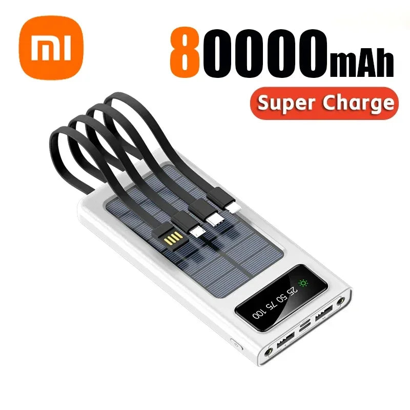 200000mAh Solar Power Bank Built Cables Solar Charger 2 USB Ports External with LED Light Super Fast Charger Powerbank