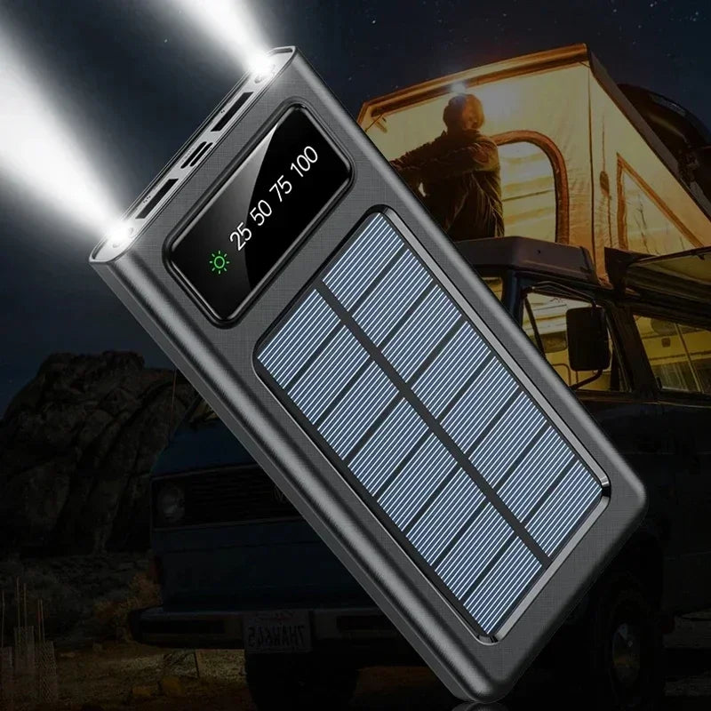 200000mAh Solar Power Bank Built Cables Solar Charger 2 USB Ports External with LED Light Super Fast Charger Powerbank