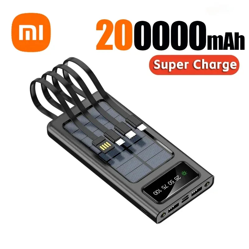 200000mAh Solar Power Bank Built Cables Solar Charger 2 USB Ports External with LED Light Super Fast Charger Powerbank