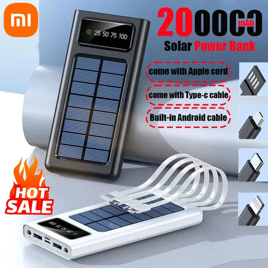 200000mAh Solar Power Bank Built Cables Solar Charger 2 USB Ports External with LED Light Super Fast Charger Powerbank