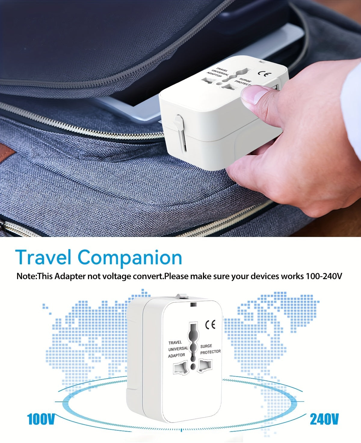 World All-in-One Universal Travel Charger-Dual USB Wall Adapter with AC Power Plug.