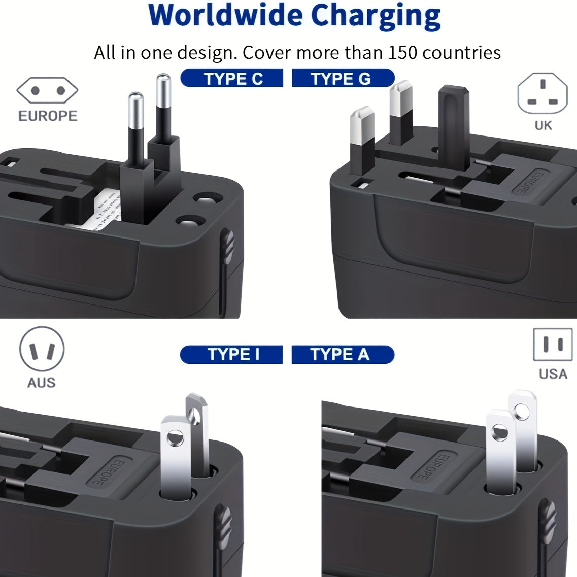 World All-in-One Universal Travel Charger-Dual USB Wall Adapter with AC Power Plug.