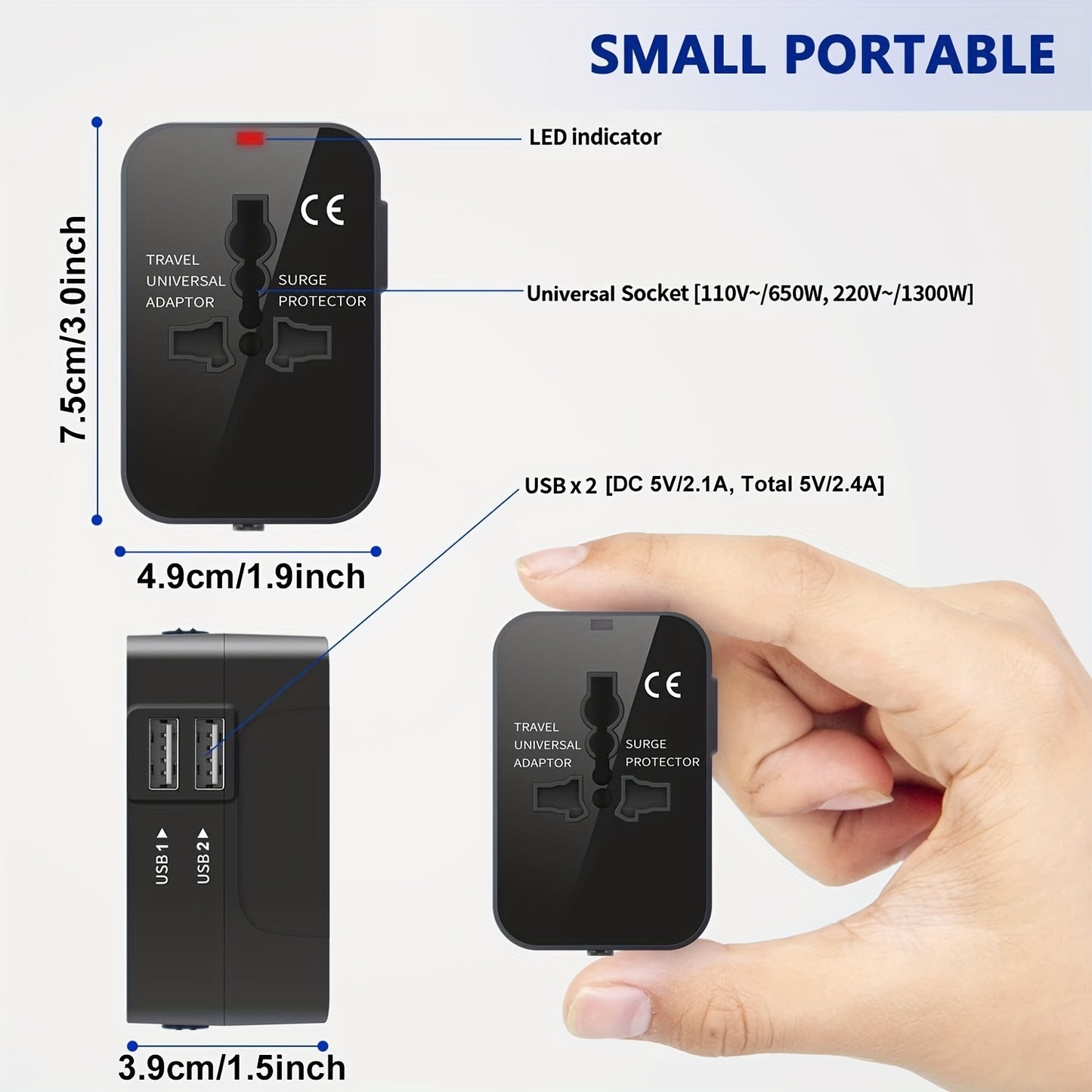 World All-in-One Universal Travel Charger-Dual USB Wall Adapter with AC Power Plug.